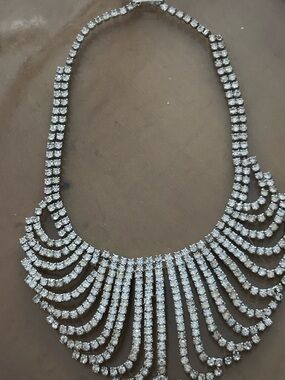 Vintage Rhinestone Statement Necklace - Silver Crystal Fringe